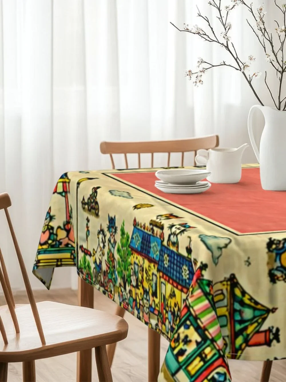Vintage Cat Village Cotton Tablecloth, Whimsical Kitty Border Table Cover, Pink